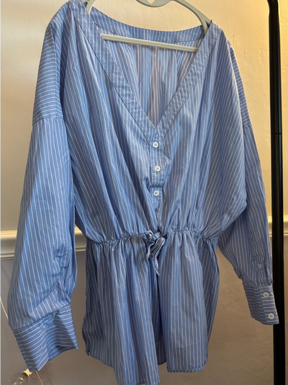 Anthropologie Light Blue & White Pinstripe Drawstring Blouse